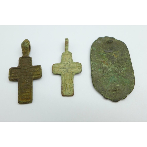 1031 - Two bronze Viking crosses and a brooch, c.950, found in Russia