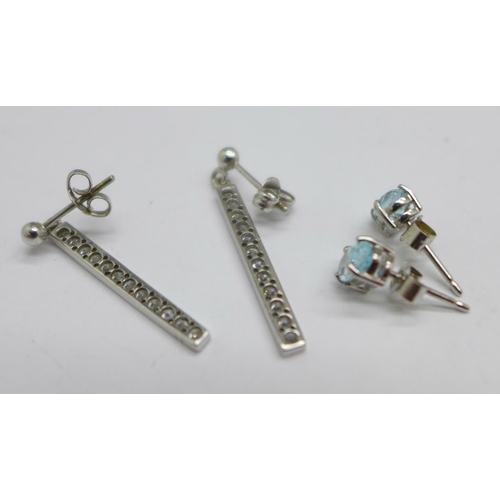 1041 - Two pairs of 9ct gold earrings, white sapphires and aquamarine, 2.7g