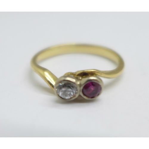 1047 - A yellow metal, diamond and ruby ring, 2.6g, L, tests as 18ct gold