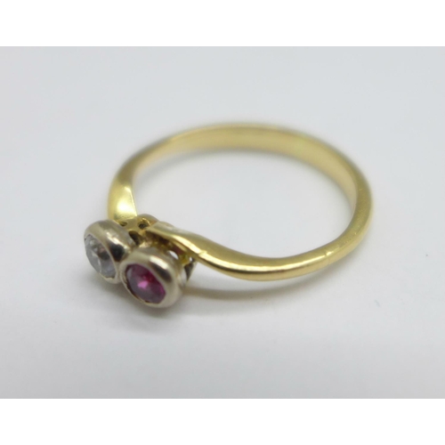 1047 - A yellow metal, diamond and ruby ring, 2.6g, L, tests as 18ct gold