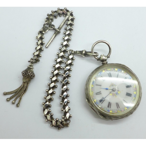 1075 - A silver fob watch with an Albertina chain, 4cm case