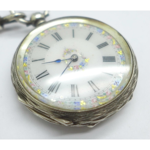 1075 - A silver fob watch with an Albertina chain, 4cm case