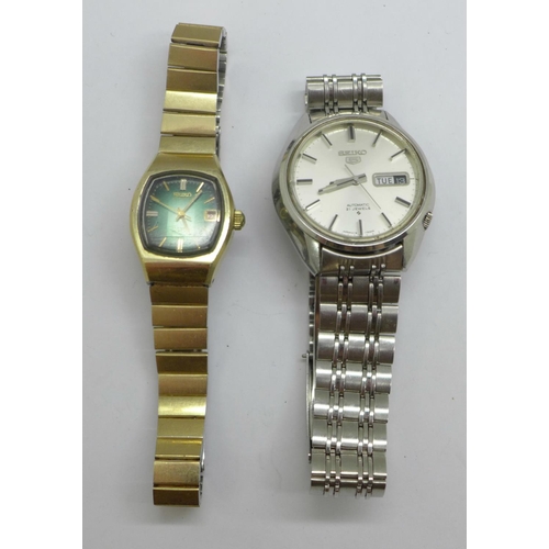 1080 - Two Seiko wristwatches;- 5 automatic with day and date, and a lady's automatic Hi-Beat with green di... 