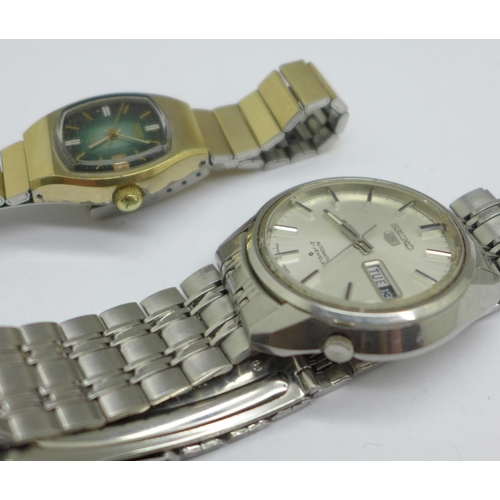 1080 - Two Seiko wristwatches;- 5 automatic with day and date, and a lady's automatic Hi-Beat with green di... 