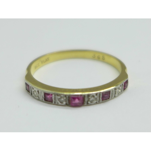 1097 - An 18ct gold, platinum set ruby and diamond ring, 2.8g, P