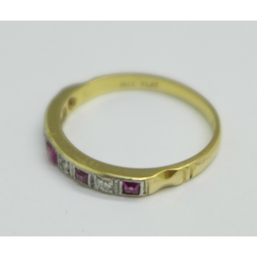 1097 - An 18ct gold, platinum set ruby and diamond ring, 2.8g, P