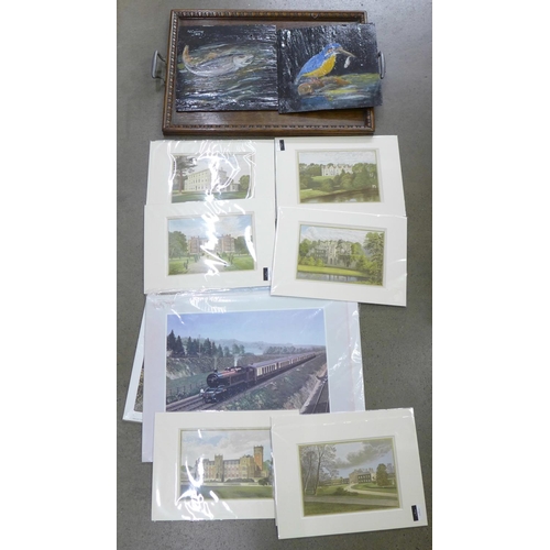 1109 - Nine prints, two painted pieces of slate and a wooden tray