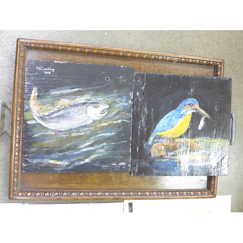 1109 - Nine prints, two painted pieces of slate and a wooden tray