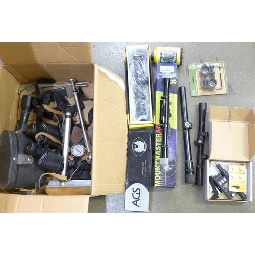 1117 - A collection of gun related equipment, six gun sights, AGS x2, SMK x2, Sussex Armory, a giyo shock p... 