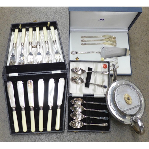 1124 - Three cased sets of flatware and a silver plated teapot **PLEASE NOTE THIS LOT IS NOT ELIGIBLE FOR P... 