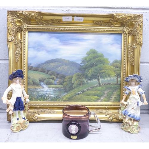 1127 - A gilt framed picture, a pair of continental figures and a Wedgwood glass QEII mug **PLEASE NOTE THI... 