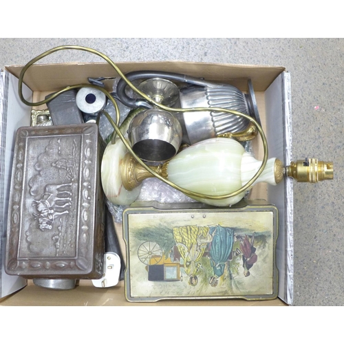 1149 - Two boxes, an alabaster table lamp base, vesta case, goblet, etc. **PLEASE NOTE THIS LOT IS NOT ELIG... 