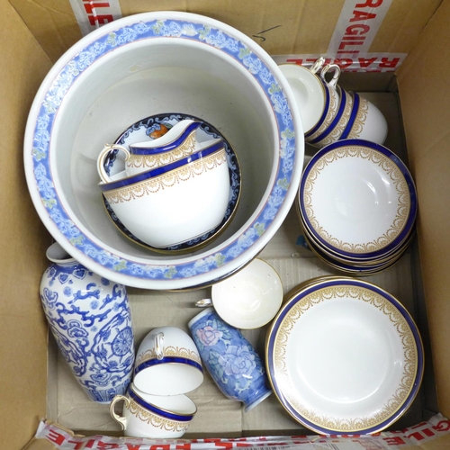 1152 - Cauldon china teawares with cobalt blue and gold decoration, a Fieldings fruit set, a large jardinie... 