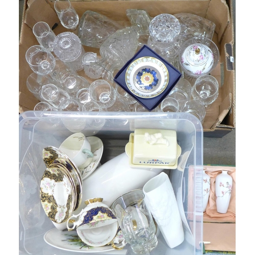 1162 - A box of cut glass drinking glasses, decanters, lidded pot, and a box of mixed china including a Kai... 