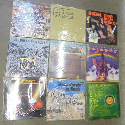 673 - Fourteen LP records, Black Sabbath, Deep Purple, Queen, Thin Lizzy, Alice Cooper, etc.