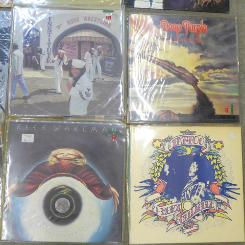 673 - Fourteen LP records, Black Sabbath, Deep Purple, Queen, Thin Lizzy, Alice Cooper, etc.