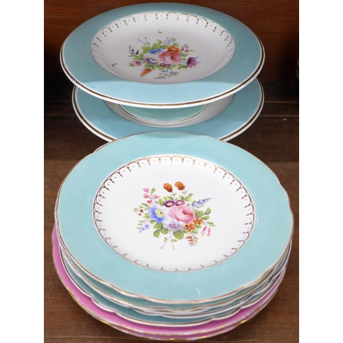 680 - Nine plates and two cake stands decorated with hand painted flowers