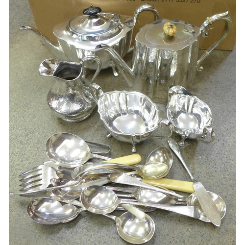 716 - A silver plated three piece tea service, plated cutlery and other flatware