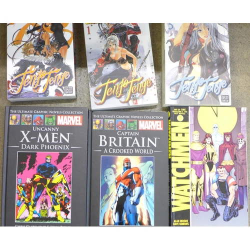 734 - Eighty-five assorted graphic novels and comics, Manga, Watchmen, X-Men, Judge Dredd, etc.