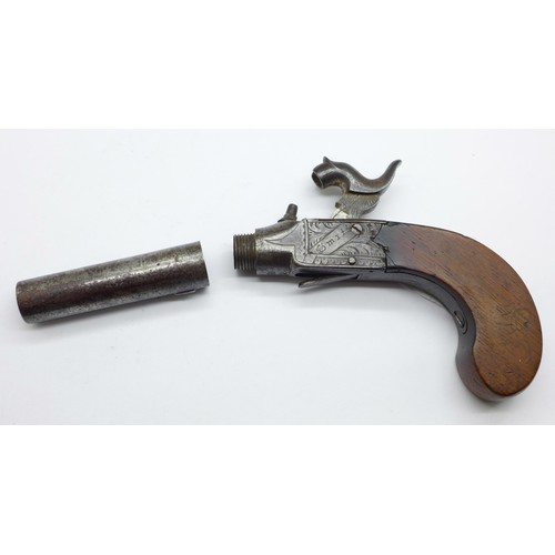 824 - An English percussion pocket pistol, Smith, London, c.1830's, (with receipt dated 1973 from a local ... 