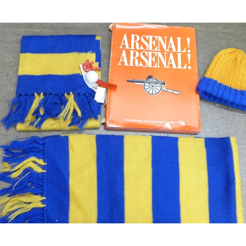 743 - Arsenal, 1971 Double Winners book, a child's c.1970 away scarf and hat, and an adults scarf