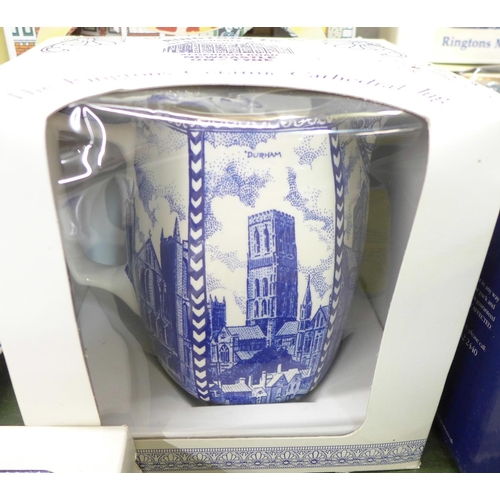 754 - A collection of Ringtons blue and white tea wares, caddies, tea for one set, mugs, place mats, etc.,... 