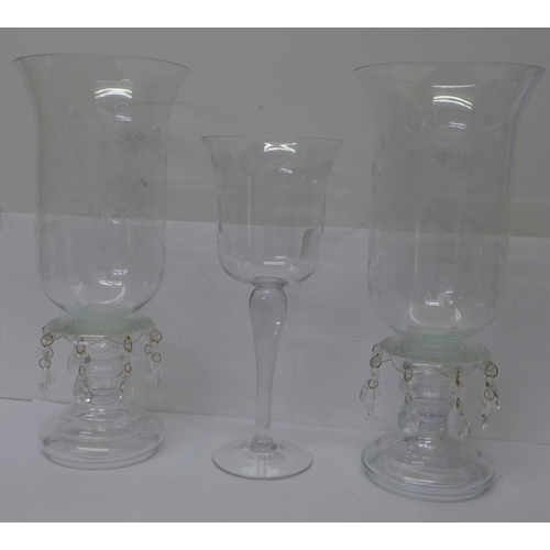 763 - Two glass candle holders and an etched glass