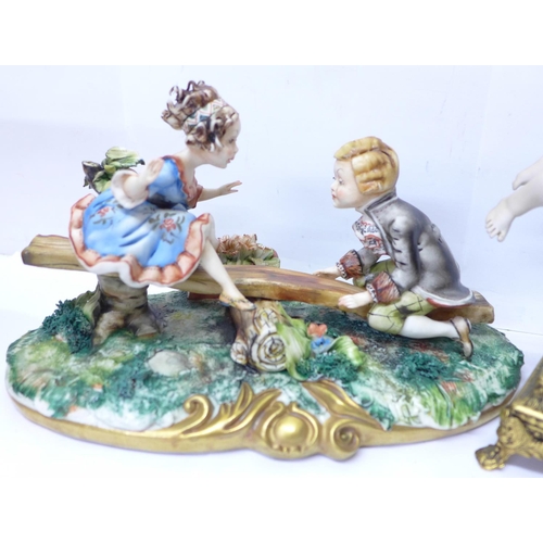 766 - Two Capodimonte figure groups, both signed, one mounted on a brass stand