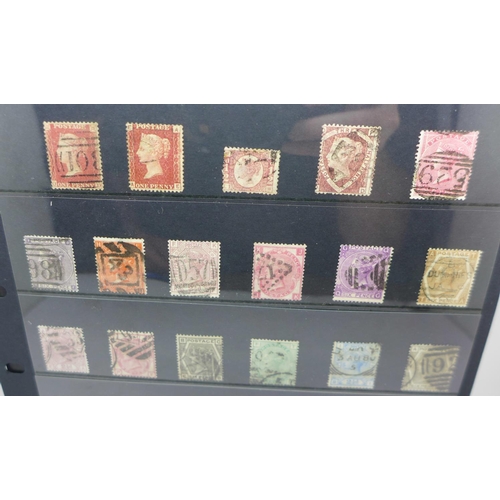 784 - Stamps; GB Queen Victoria stamps on stock sheet with 3 margin penny black, four margin penny red, et... 