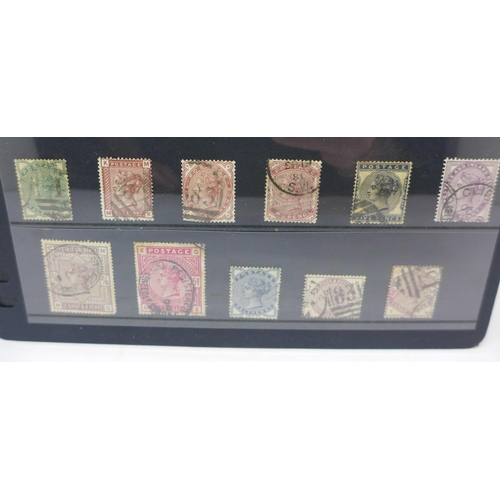 784 - Stamps; GB Queen Victoria stamps on stock sheet with 3 margin penny black, four margin penny red, et... 