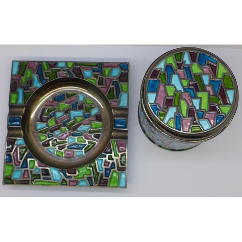 797 - A silver and enamel ashtray and cigarette dispenser, marked on each base 'Silver 99%', 575g, boxed