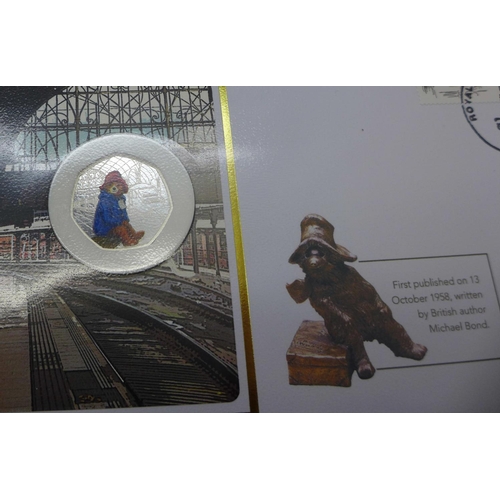 798 - 2019 Paddington Bear silver proof 50p coin covers, a collection of four covers, all different coins ... 