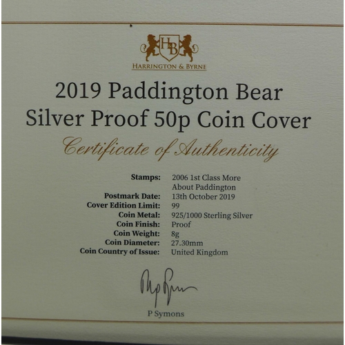 798 - 2019 Paddington Bear silver proof 50p coin covers, a collection of four covers, all different coins ... 