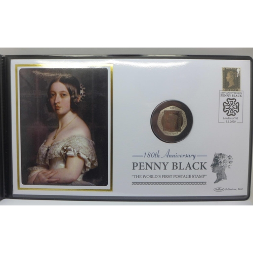 800 - 2020 180th Anniversary of the Penny Black silver proof Piedfort double thickness 50p coin cover with... 