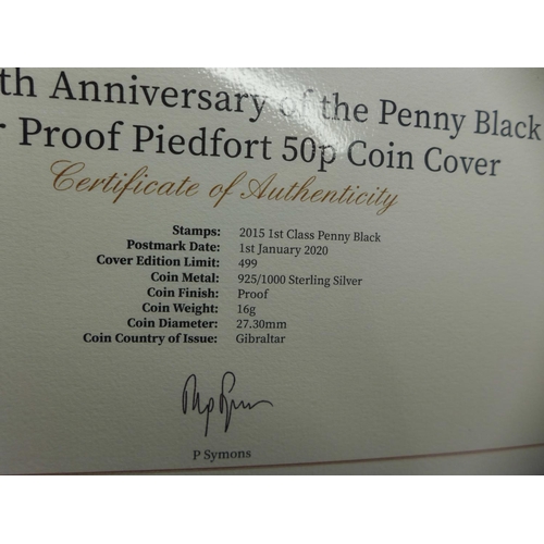 800 - 2020 180th Anniversary of the Penny Black silver proof Piedfort double thickness 50p coin cover with... 