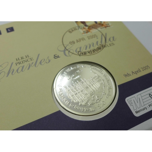 803 - Five Silver First Day Coin Covers, proof quality limited edition, Charles & Camilla 2005