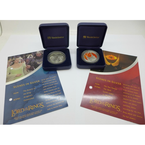 805 - Two 2003, 925 silver proof quality coins, The Lord of The Rings Scenes in Silver, with boxes