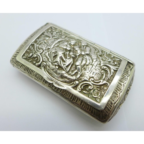 808 - A Victorian 925 silver snuff or tobacco box, with embossed decoration and gilt interior, width 9cm, ... 