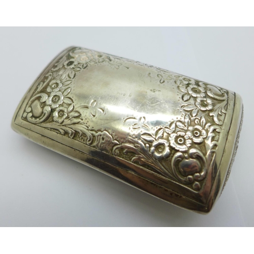 808 - A Victorian 925 silver snuff or tobacco box, with embossed decoration and gilt interior, width 9cm, ... 