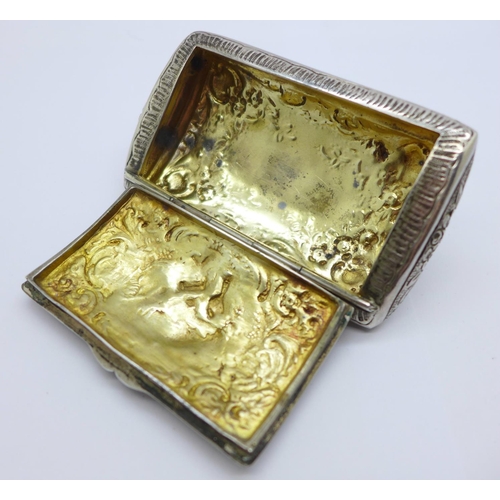 808 - A Victorian 925 silver snuff or tobacco box, with embossed decoration and gilt interior, width 9cm, ... 