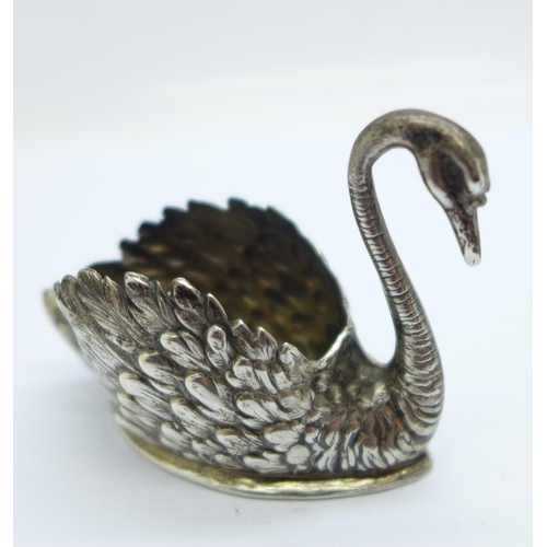 818 - An 800 silver swan trinket pot or pin cushion, (pin cushion requires reinstating)