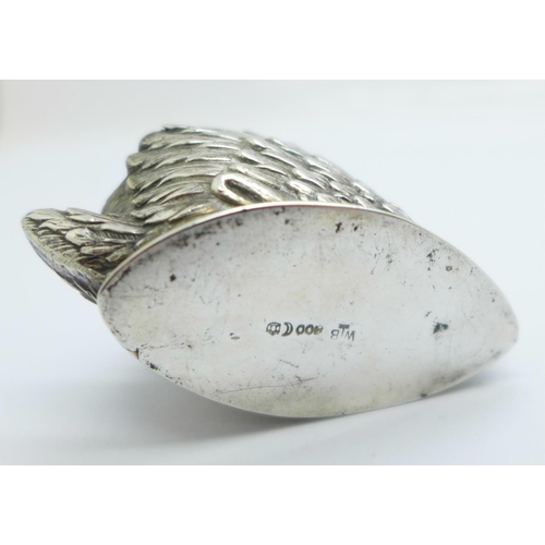 818 - An 800 silver swan trinket pot or pin cushion, (pin cushion requires reinstating)