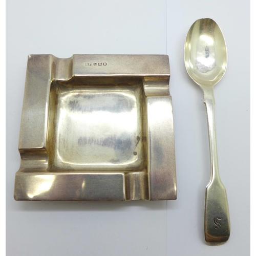 819 - A silver ashtray and a silver spoon, 90g