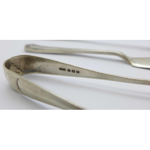 827 - Silver;-Georgian table spoon, salad server, butter knife, sugar bows and candle stand, 204g