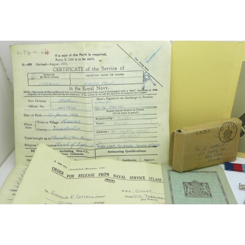 845 - A set of three WWII medals with box and papers, with some Royal Navy service papers