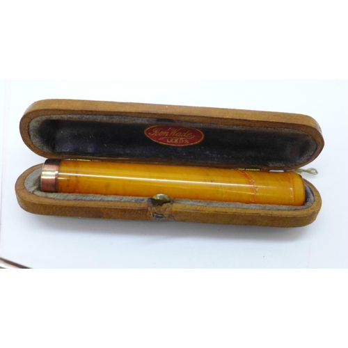 860 - Two cigar cutters and two amber cheroot holders, cased, one with 9ct gold rim a/f