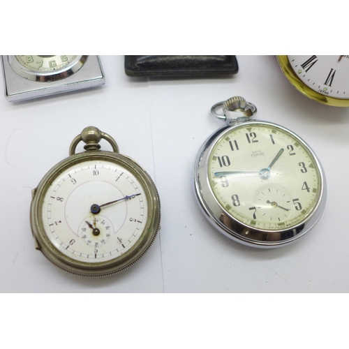 861 - Pocket watches and a travel clock, one lacking glass