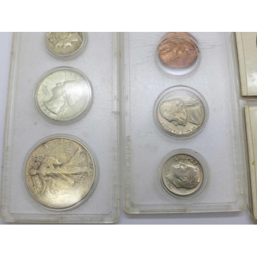 870 - Four US coin sets, one dollar missing and an 1899 Hong Kong Ten Cents coin