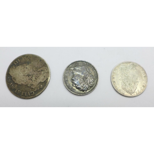 917 - A George II 1757 sixpence, a William III shilling and a George III 1816 sixpence