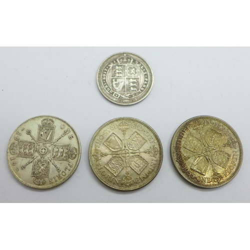 920 - Two 1935 florins, a 1916 florin and an 1887 shilling